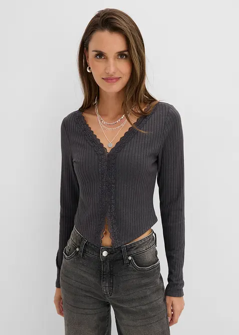 Rippenshirt mit Spitze in grau von vorne (im Anschnitt) - bonprix