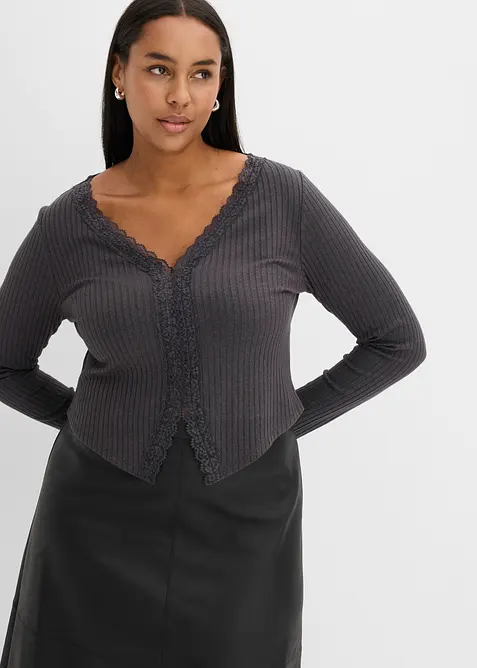Rippenshirt mit Spitze in grau von vorne (im Anschnitt) - bonprix