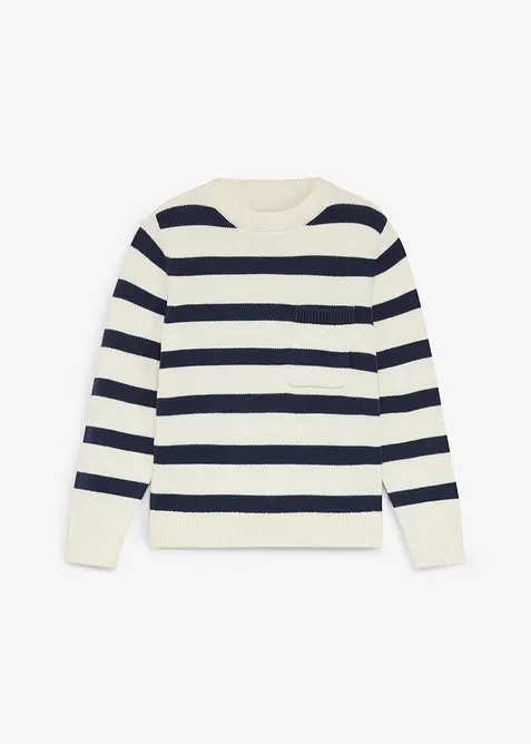 Gestreifter Grobstrick-Pullover aus reiner Baumwolle in weiß von vorne - bonprix