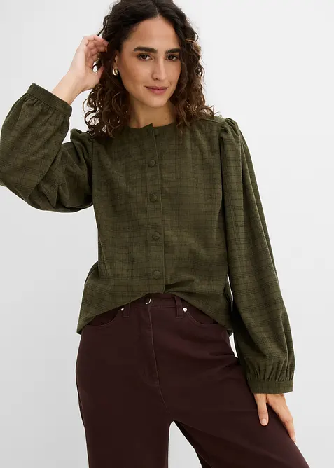 Karierte Cord-Bluse mit Pufferärmeln in grün von vorne (im Anschnitt) - bonprix
