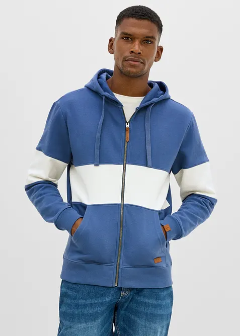 Kapuzen-Sweatjacke aus weichem Baumwoll-Mix in blau von vorne (im Anschnitt) - bonprix