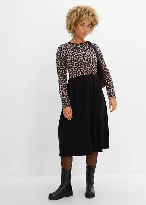 Baumwoll-Jerseykleid, Midilänge in schwarz im Look von vorne (Totalaufnahme) - bonprix