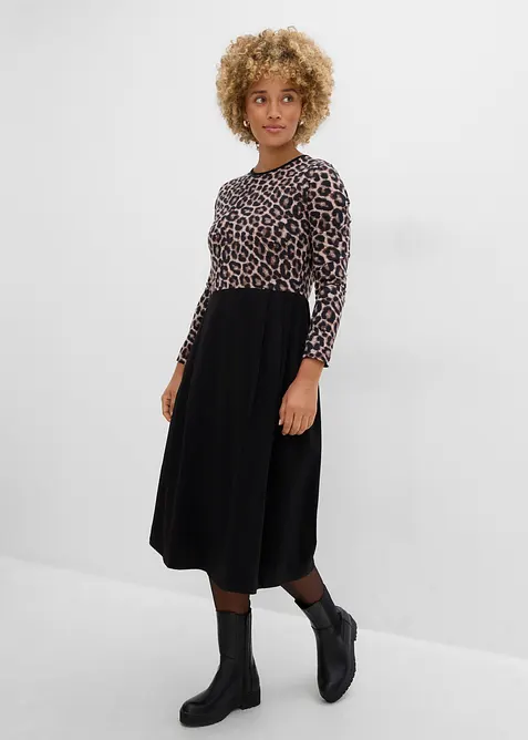 Baumwoll-Jerseykleid, Midilänge in schwarz von vorne (Totalaufnahme) - bonprix