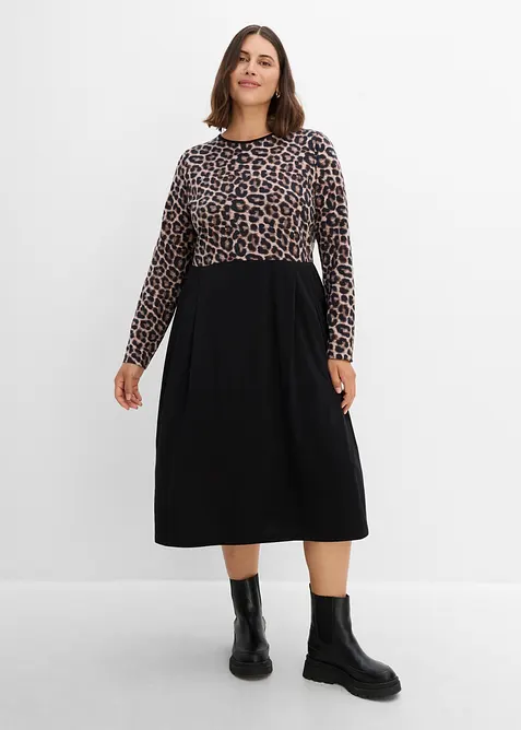 Baumwoll-Jerseykleid, Midilänge in schwarz von vorne (Totalaufnahme) - bonprix