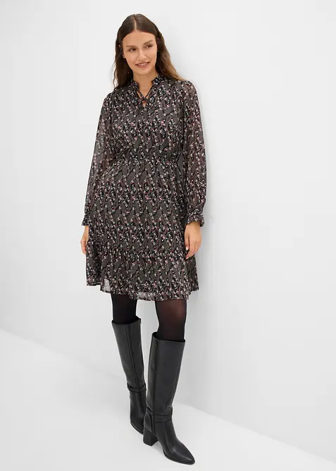 Chiffonkleid mit Allover-Print in schwarz von vorne (Totalaufnahme) - bonprix