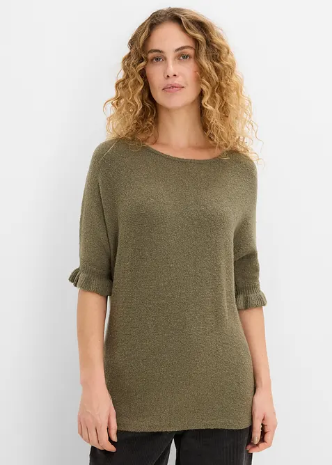 Pullover aus Baumwoll-Mix mit Volant-Ärmeln in grün von vorne (im Anschnitt) - bonprix