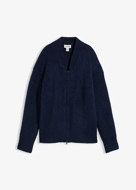 Strickjacke mit Reißverschluss aus weichem Woll-Mix in blau von vorne - bonprix