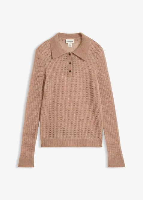 Polopullover aus weichem Ajour-Strick in braun von vorne - bonprix