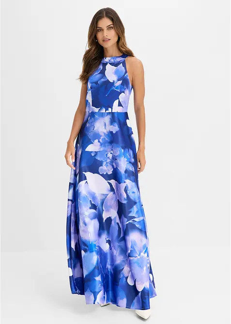Maxikleid aus glänzendem Satin in blau von vorne (Totalaufnahme) - bonprix