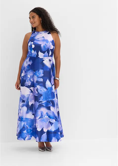 Maxikleid aus glänzendem Satin in blau von vorne (Totalaufnahme) - bonprix