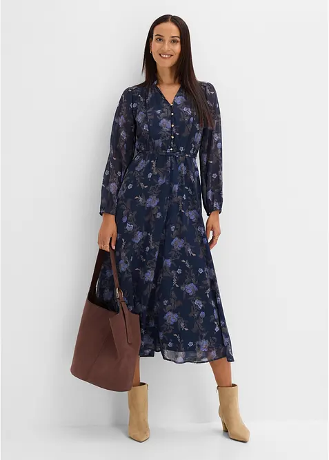 Midi-Chiffonkleid in blau im Look von vorne (Totalaufnahme) - bonprix