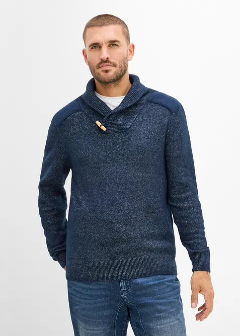 Feinstrickpullover mit Schalkragen in blau von vorne (im Anschnitt) - bonprix
