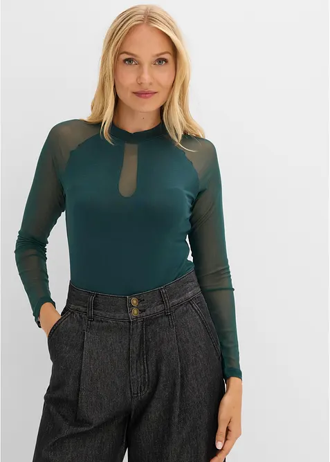 Langarmshirt aus softem Viskose-Mis in grün von vorne (im Anschnitt) - bonprix