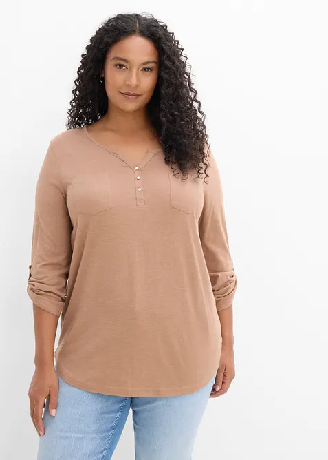 Baumwoll-Henleyshirt mit Knopfleiste in braun von vorne (im Anschnitt) - bonprix
