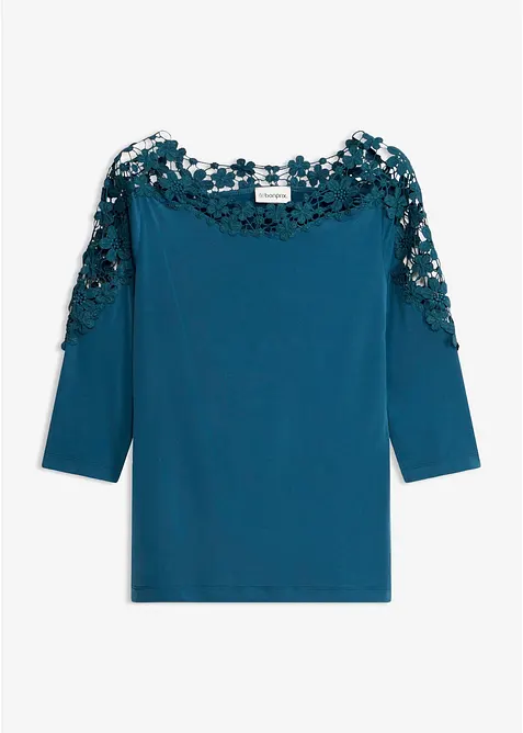 Shirt mit Häkeleinsatz und 3/4 Arm in petrol von vorne - bonprix