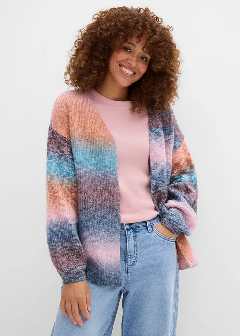 Grobstrickjacke aus weichem Woll-Mix in petrol von vorne (im Anschnitt) - bonprix