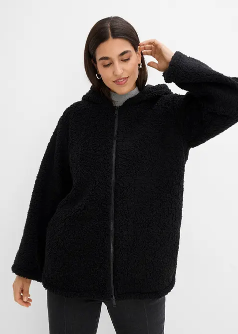 Teddy-Fleece Jacke in A-Linie mit Seitenschlitzen in schwarz von vorne (im Anschnitt) - bonprix