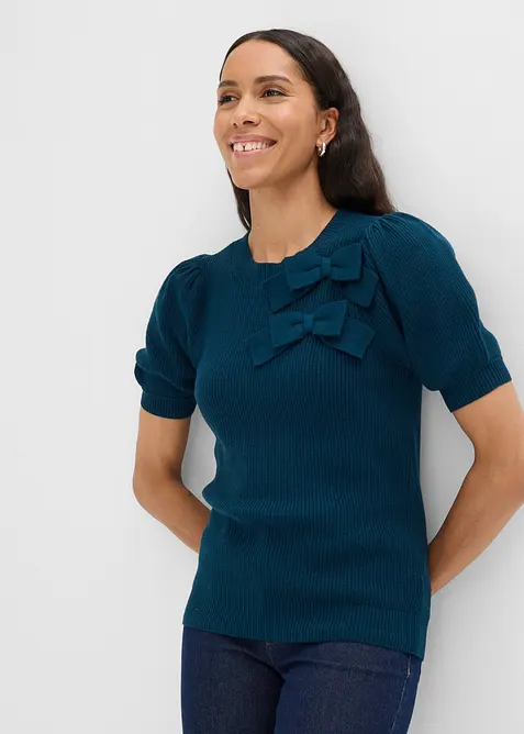 Pullover mit Schleifen-Applikation in petrol von vorne (im Anschnitt) - bonprix