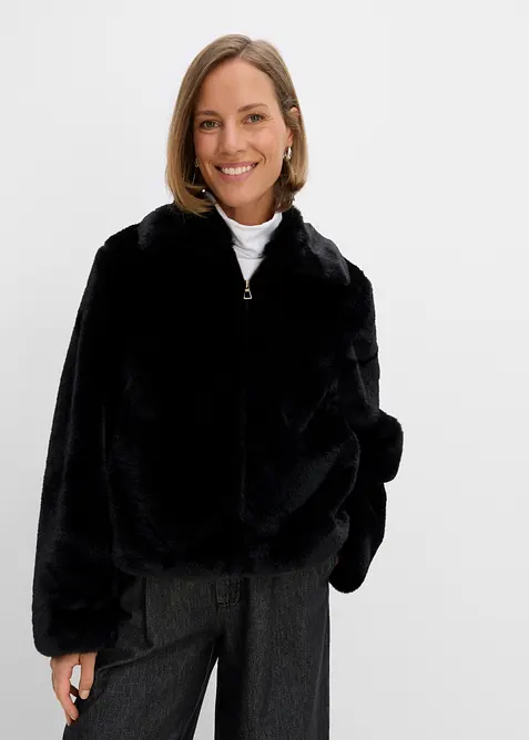 Kurze Fellimitat-Jacke in schwarz von vorne (im Anschnitt) - bonprix