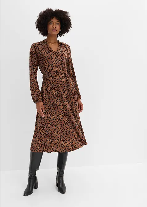 Jerseykleid mit Bindeband (2.tlg-Set) im Leo Look in beige von vorne (Totalaufnahme) - bonprix