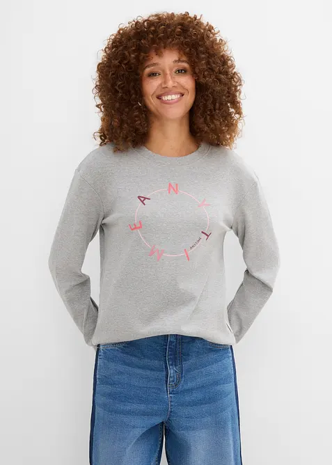 Langarmshirt mit schwerer Baumwolle in grau von vorne (im Anschnitt) - bonprix