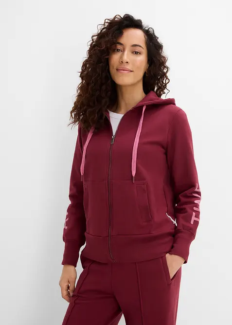 Kapuzen-Sweatjacke aus elastischem Bio-Baumwoll-Mix in rot von vorne (im Anschnitt) - bonprix