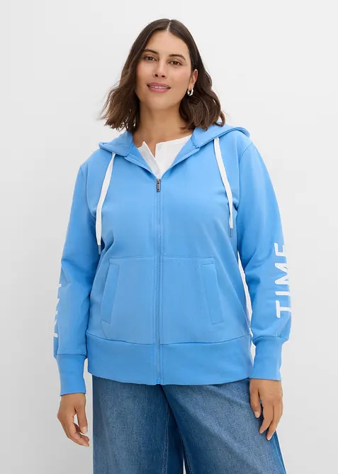Kapuzen-Sweatjacke aus elastischem Bio-Baumwoll-Mix in blau von vorne (im Anschnitt) - bonprix