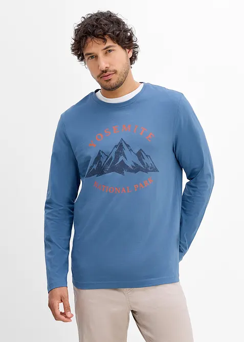 Langarmshirt aus reiner Bio-Baumwolle in blau von vorne (im Anschnitt) - bonprix