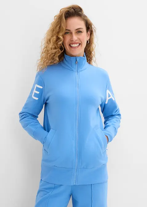 Sweatjacke aus elastischem Bio-Baumwoll-Mix in blau von vorne (im Anschnitt) - bonprix