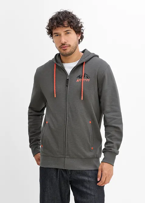 Kapuzen-Sweatjacke aus weichem Baumwoll-Mix in grau von vorne (im Anschnitt) - bonprix