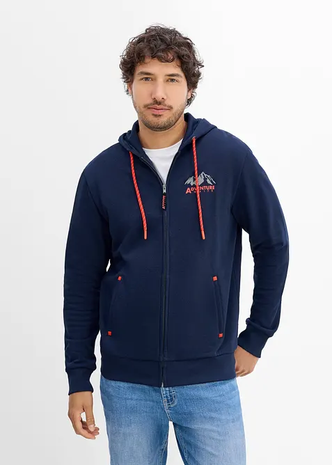 Kapuzen-Sweatjacke aus weichem Baumwoll-Mix in blau von vorne (im Anschnitt) - bonprix