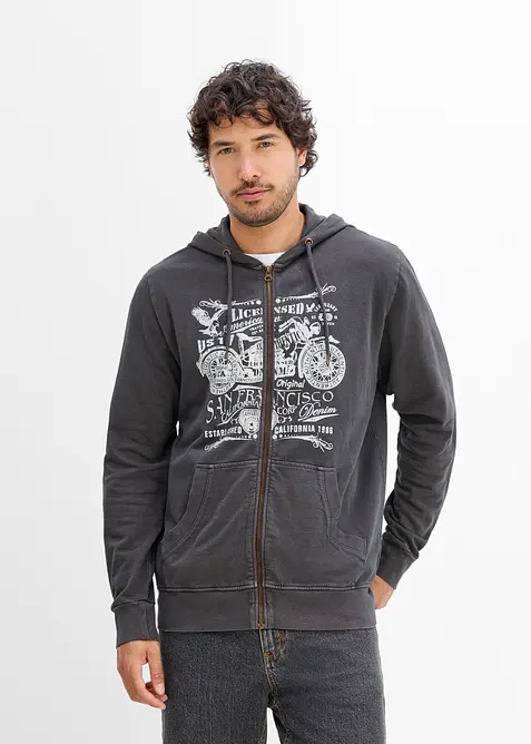 Kapuzen-Sweatjacke aus reiner Baumwolle in grau von vorne (im Anschnitt) - bonprix