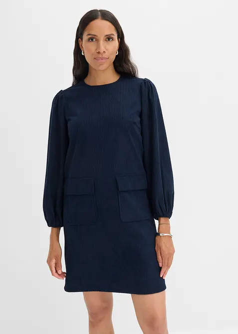 Kord-Kleid mit Taschen in blau von vorne (Totalaufnahme) - bonprix