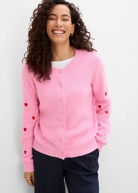 Strickjacke mit Herzstickerei in rosa von vorne (im Anschnitt) - bonprix