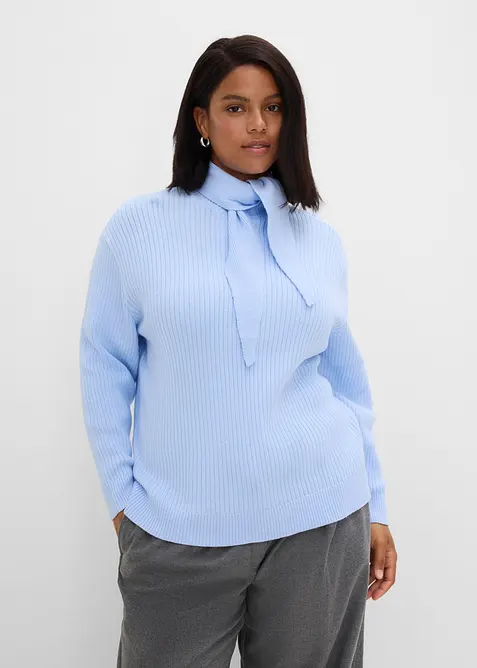 Grobstrick-Pullover mit Turtleneck und Schaldetail in blau von vorne (im Anschnitt) - bonprix