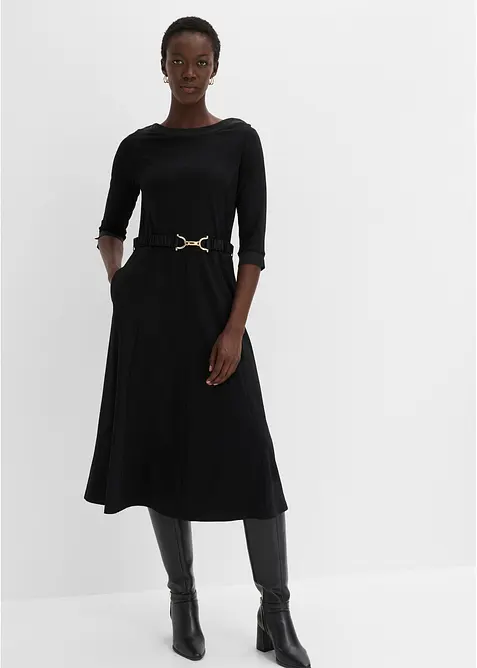 Kleid aus Punto di Roma mit Satin Gürtel in schwarz von vorne (Totalaufnahme) - bonprix