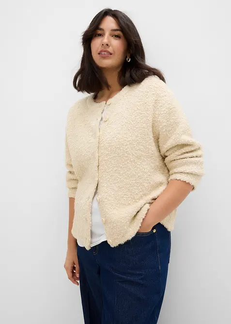 Teddy-Strickjacke in beige von vorne (im Anschnitt) - bonprix