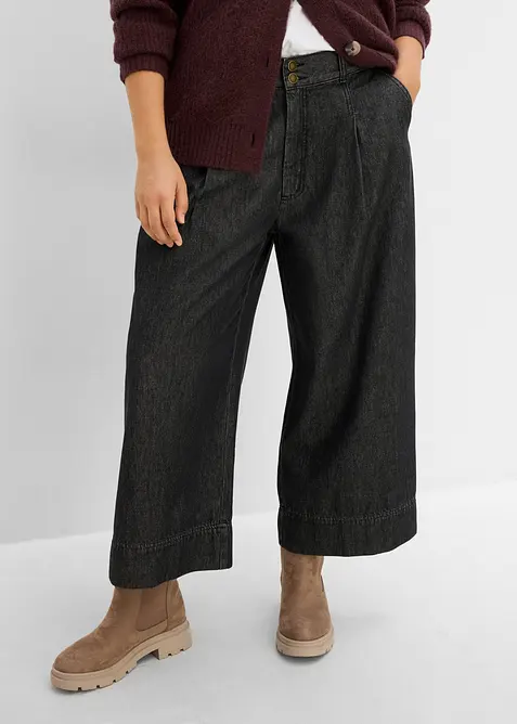 Verkürzte Wide-Leg-Jeans in schwarz von vorne - bonprix