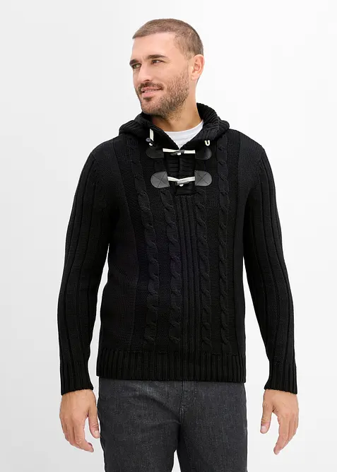 Grobstrick-Kapuzenpullover in Regular Fit in schwarz von vorne (im Anschnitt) - bonprix