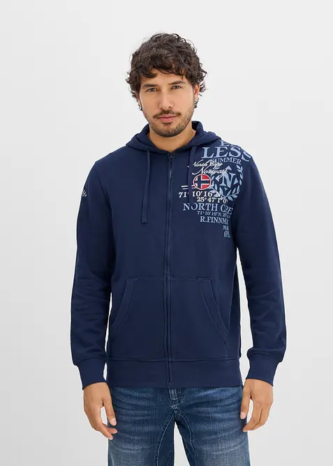 Kapuzen-Sweatjacke aus reiner Baumwolle in blau von vorne (im Anschnitt) - bonprix