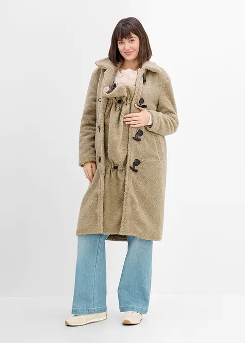 3-in-1 Umstandsmantel mit Trageeinsatz aus Teddyfleece in grün von vorne (im Anschnitt) - bonprix