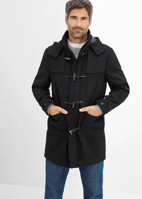 Wärmender Winter-Duffelcoat in Wolloptik in schwarz von vorne (Totalaufnahme) - bonprix
