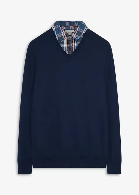 2-in-1-Strickpullover mit Hemdkragen in blau von vorne - bonprix