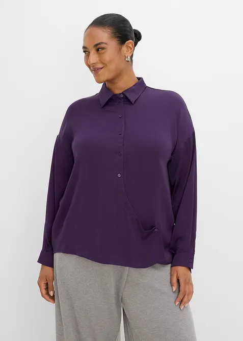 Hemdbluse aus fließendem Satin in lila von vorne (im Anschnitt) - bonprix