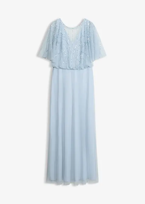 Maxikleid aus feinem Tüll mit Paillettenstickerei in blau von vorne - bonprix