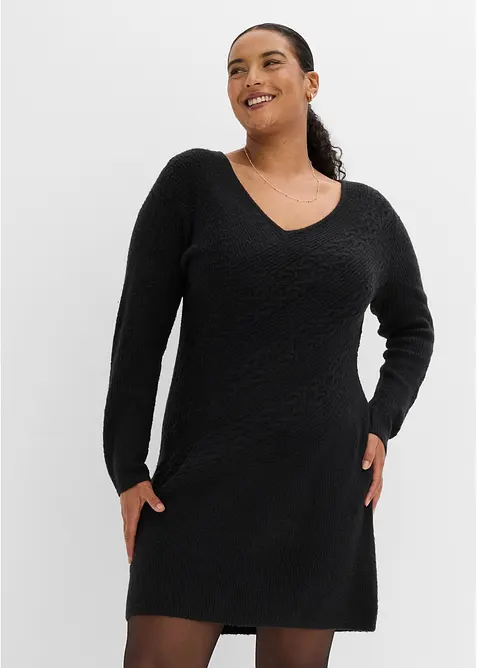 Strickkleid mit V-Ausschnitt in schwarz von vorne (Totalaufnahme) - bonprix