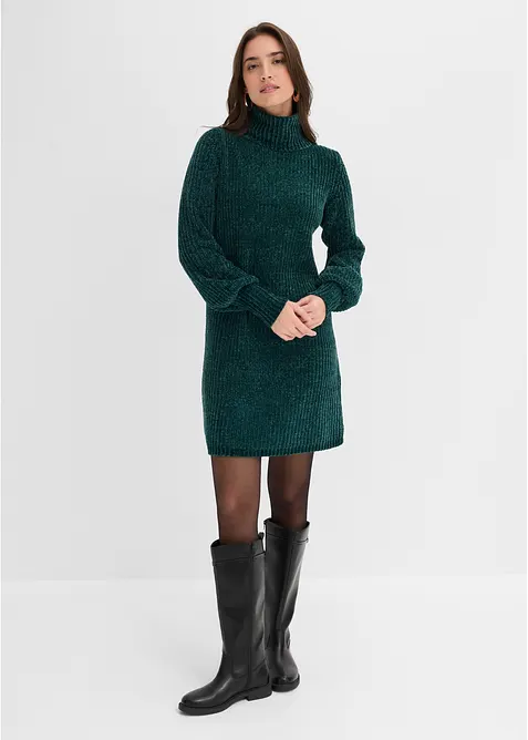 Chenille Strickkleid mit weitem Rollkragen in grün von vorne (Totalaufnahme) - bonprix