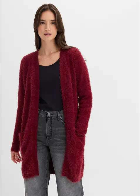 Longstrickjacke in Flauschoptik in rot von vorne (im Anschnitt) - bonprix