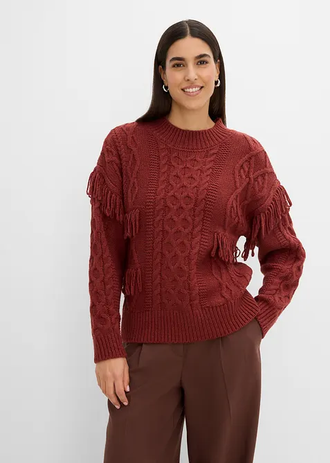 Oversize-Pullover mit Fransen in braun von vorne (im Anschnitt) - bonprix