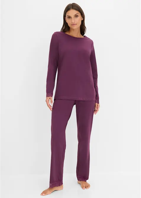 Pyjama aus weicher Bio-Baumwolle in lila von vorne (Totalaufnahme) - bonprix